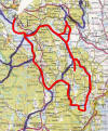 Ausschnitt aus der Karte, rot unsere Route
